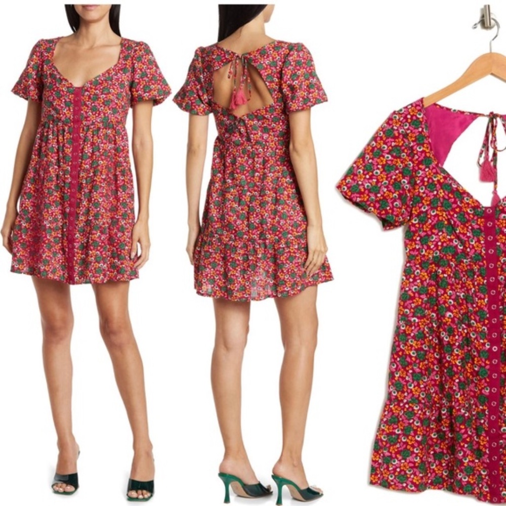 BETSEY JOHNSON Dancing Ditsy Floral Puff Sleeve Babydoll Dress ~ Size Medium~NWT